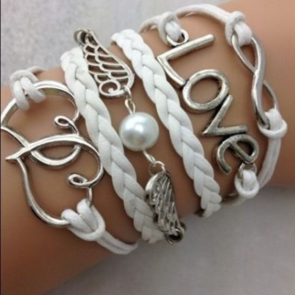 New Womens Love heart White Leather Bracelet 7-9"